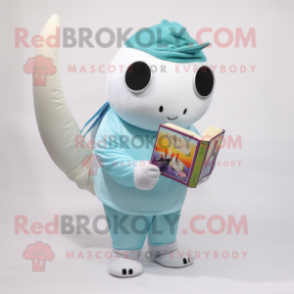 Cream Narwhal mascot costume character dressed with a Long Sleeve Tee and Reading glasses