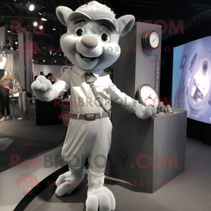 Silver Trapeze Artist mascot costume character dressed with a Poplin Shirt and Bracelet watches