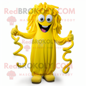 Yellow Medusa mascot costume character dressed with a Capri Pants and Cufflinks