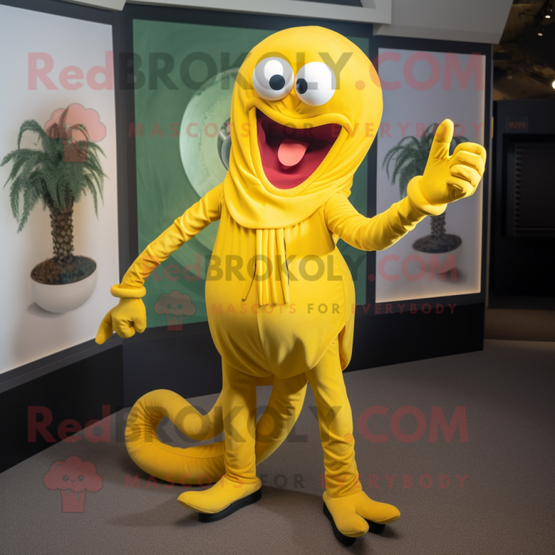 Yellow Medusa mascot costume character dressed with a Capri Pants and Cufflinks