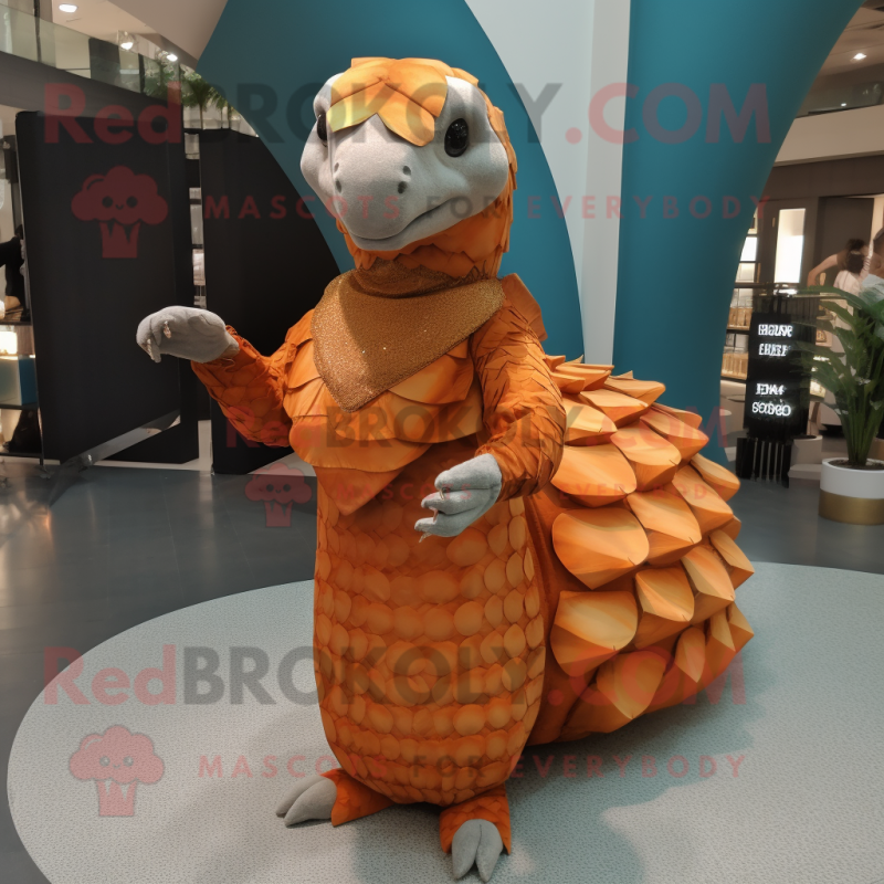 Orange Pangolin mascot costume character dressed with a Evening Gown and Suspenders