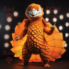 Orange Pangolin mascot costume character dressed with a Evening Gown and Suspenders