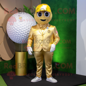 Gold Golf Ball mascot costume character dressed with a Romper and Lapel pins