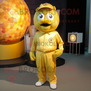 Gold Golf Ball mascot costume character dressed with a Romper and Lapel pins