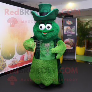 Forest Green Biryani mascot costume character dressed with a Evening Gown and Hat pins
