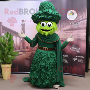 Forest Green Biryani mascot costume character dressed with a Evening Gown and Hat pins