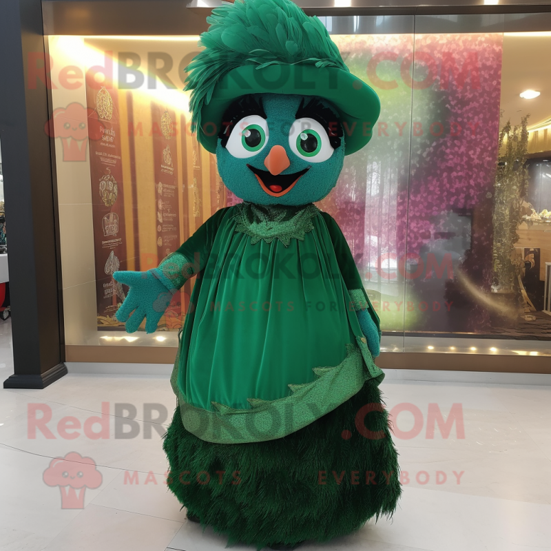 Forest Green Biryani mascot costume character dressed with a Evening Gown and Hat pins Forest Green Biryani mascot costume character dressed with a Evening Gown and Hat pins