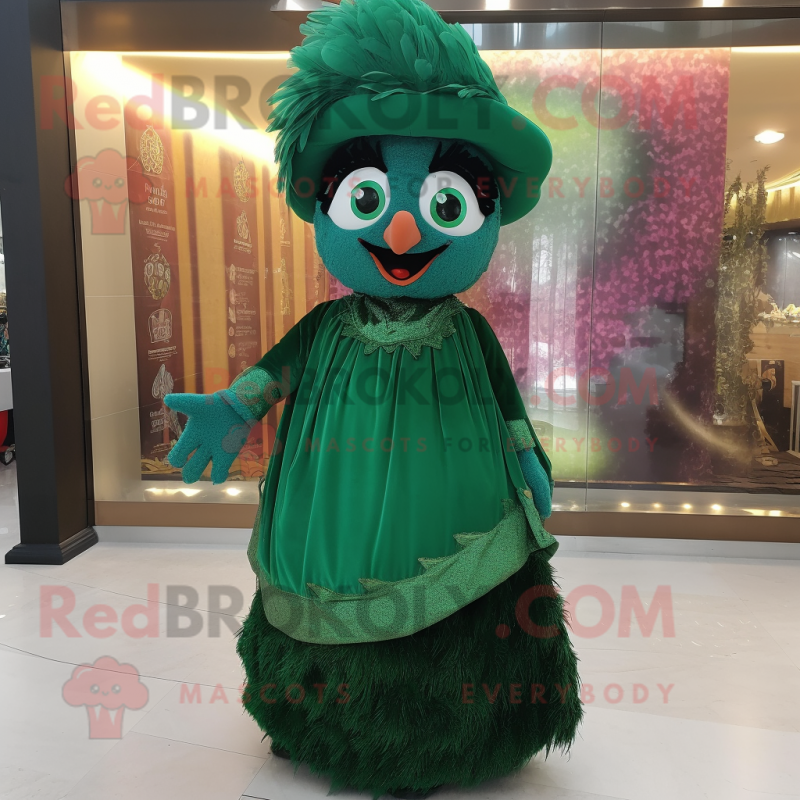 Forest Green Biryani mascot costume character dressed with a Evening Gown and Hat pins