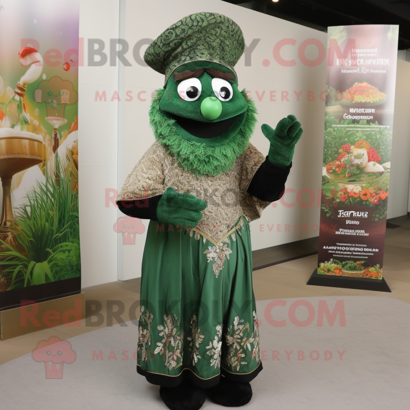 Forest Green Biryani mascot costume character dressed with a Evening Gown and Hat pins