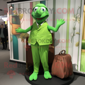 Lime Green Trapeze Artist mascot costume character dressed with a Waistcoat and Tote bags