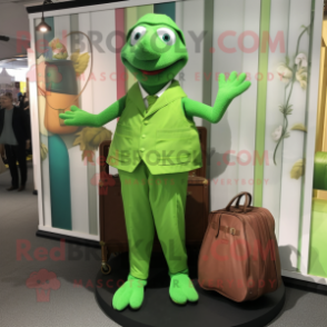 Lime Green Trapeze Artist mascot costume character dressed with a Waistcoat and Tote bags