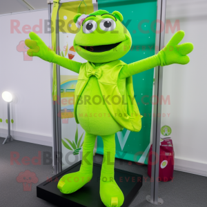 Lime Green Trapeze Artist mascot costume character dressed with a Waistcoat and Tote bags