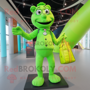 Lime Green Trapeze Artist mascot costume character dressed with a Waistcoat and Tote bags