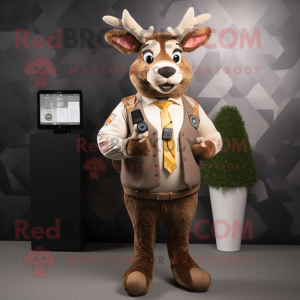 Tan Deer mascot costume character dressed with a Waistcoat and Smartwatches