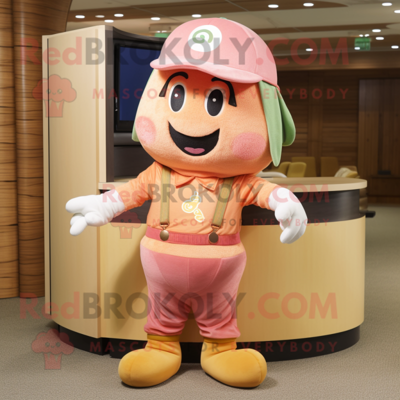 Peach Bracelet mascot costume character dressed with a Corduroy Pants and Beanies Peach Bracelet mascot costume character dressed with a Corduroy Pants and Beanies