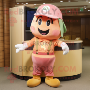 Peach Bracelet mascot costume character dressed with a Corduroy Pants and Beanies