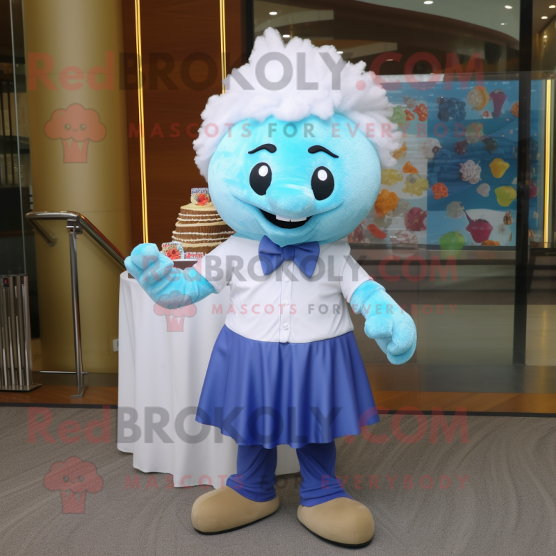 Sky Blue Cupcake mascot costume character dressed with a Dress Shirt and Brooches