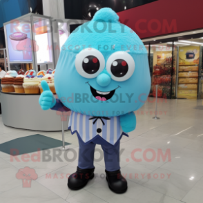 Sky Blue Cupcake mascot costume character dressed with a Dress Shirt and Brooches