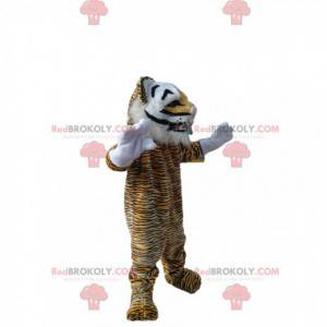 Mascote tigre com um grande sorriso. Fantasia de tigre -