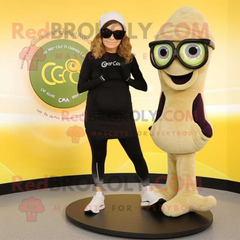 Olive Fried Calamari mascot costume character dressed with a Yoga Pants and Sunglasses