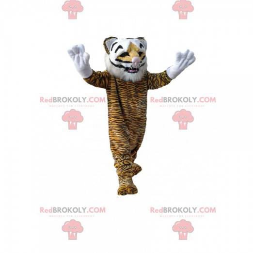 Mascote tigre com um grande sorriso. Fantasia de tigre -