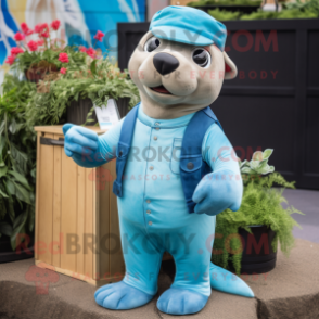 Cyan Sea Lion mascot costume character dressed with a Dungarees and Bow ties