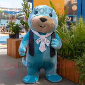 Cyan Sea Lion maskot drakt...