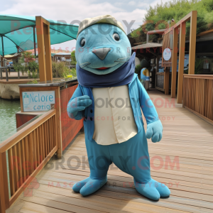 Cyan Sea Lion mascot costume character dressed with a Dungarees and Bow ties