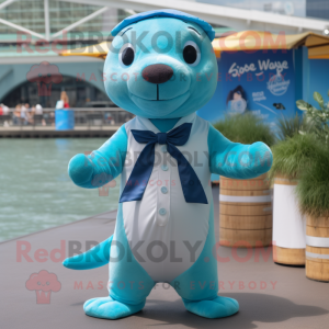 Cyan Sea Lion mascot costume character dressed with a Dungarees and Bow ties