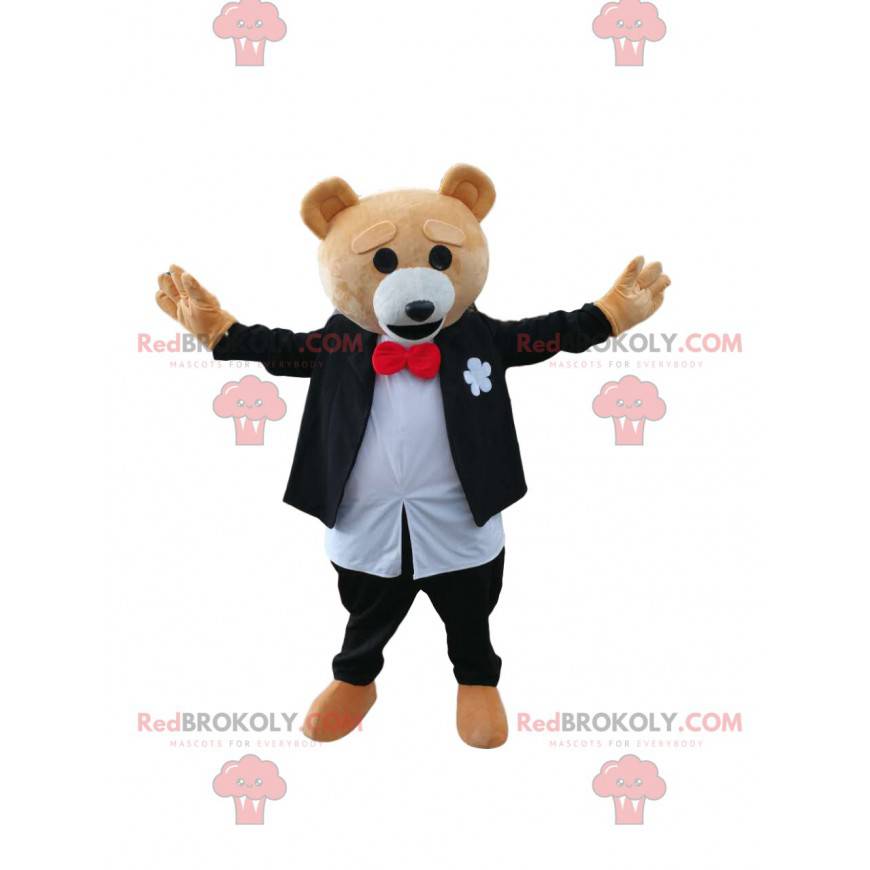 Brown bear mascot in black and white costume. Bear costume -