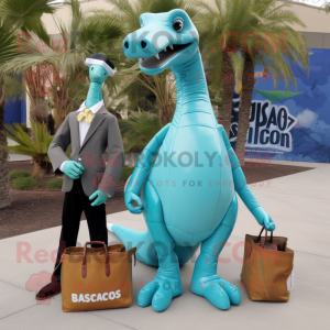 Turquoise Brachiosaurus mascot costume character dressed with a Blazer and Messenger bags