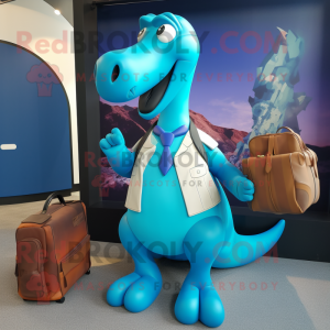Turquoise Brachiosaurus mascot costume character dressed with a Blazer and Messenger bags
