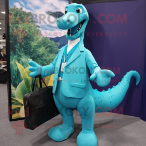 Turquoise Brachiosaurus mascot costume character dressed with a Blazer and Messenger bags