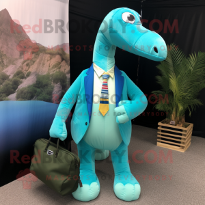 Turquoise Brachiosaurus mascot costume character dressed with a Blazer and Messenger bags