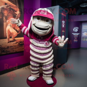 Magenta Mummy mascot costume character dressed with a Baseball Tee and Beanies