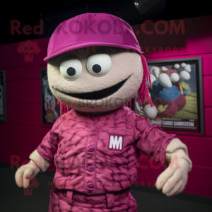 Magenta Mummy mascot costume character dressed with a Baseball Tee and Beanies