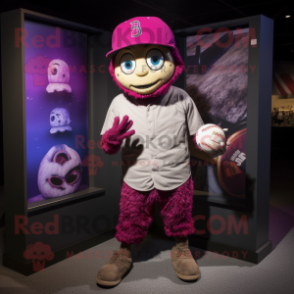 Magenta Mummy mascot costume character dressed with a Baseball Tee and Beanies