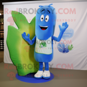 Blue Celery mascot costume character dressed with a Polo Shirt and Foot pads