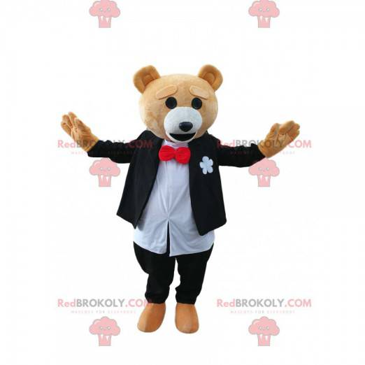 Mascotte orso bruno in costume bianco e nero. Costume da orso -
