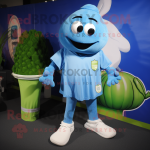 Blue Celery mascot costume character dressed with a Polo Shirt and Foot pads