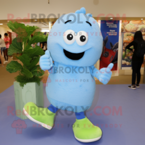 Blue Celery mascot costume character dressed with a Polo Shirt and Foot pads