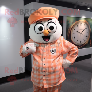 Peach Wrist Watch mascot costume character dressed with a Flannel Shirt and Cufflinks