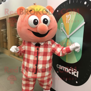 Peach Wrist Watch mascot costume character dressed with a Flannel Shirt and Cufflinks