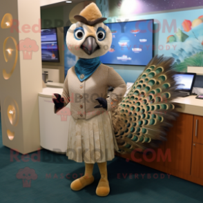 Tan Peacock mascot costume character dressed with a Romper and Cufflinks