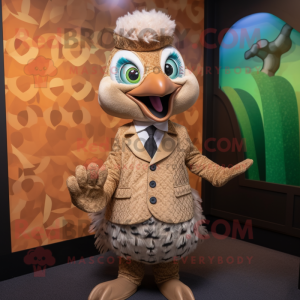 Tan Peacock mascot costume character dressed with a Romper and Cufflinks