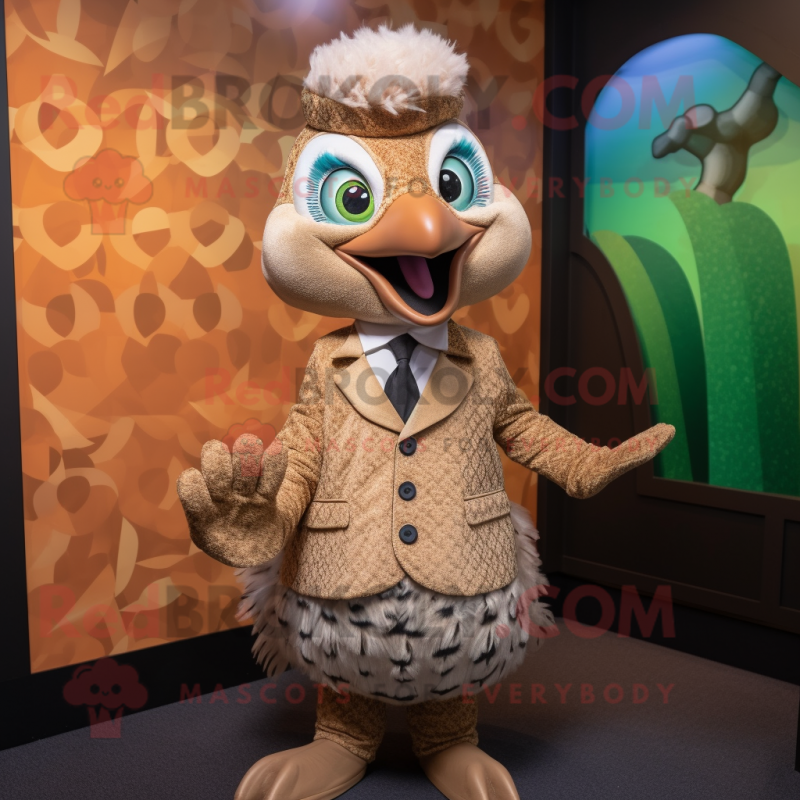 Tan Peacock mascot costume character dressed with a Romper and Cufflinks Tan Peacock mascot costume character dressed with a Romper and Cufflinks
