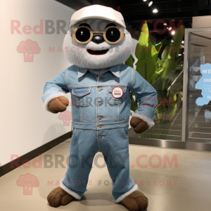 Silver Sloth mascot costume character dressed with a Denim Shorts and Eyeglasses