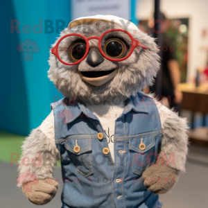 Silver Sloth mascot costume character dressed with a Denim Shorts and Eyeglasses