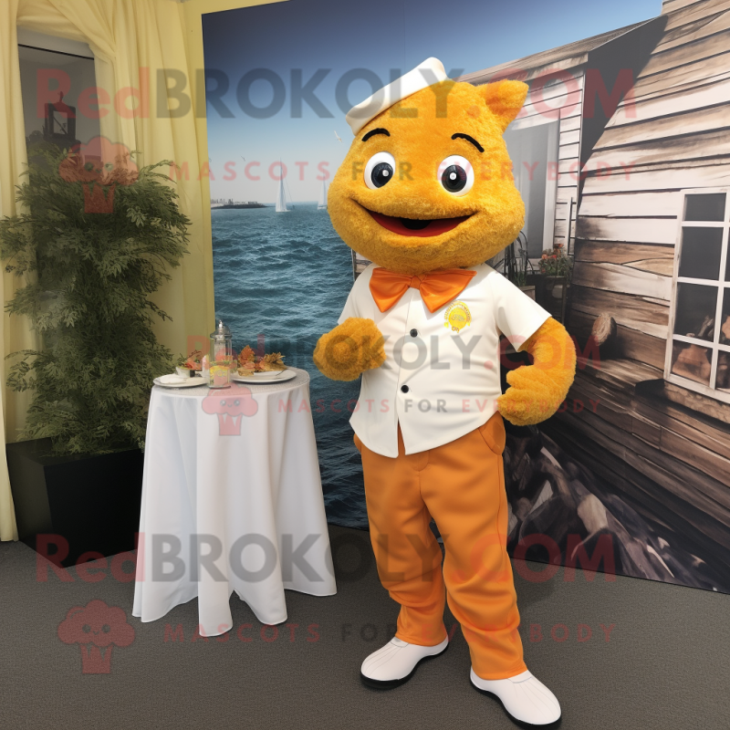 Gold Fish And Chips mascot costume character dressed with a Henley Shirt and Shoe laces