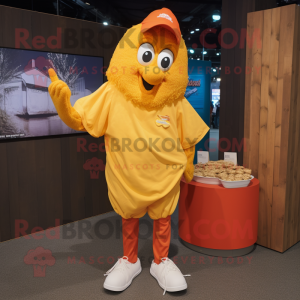 Gold Fish And Chips mascot costume character dressed with a Henley Shirt and Shoe laces